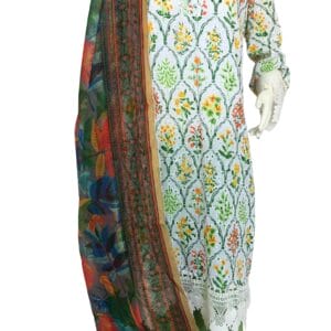 Multicoloured Flowers on White Chikarkaari 3pcs (lace embellished neckline)